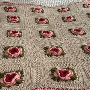 Handmade Floral Crochet Blanket - Cream, Pink, Green